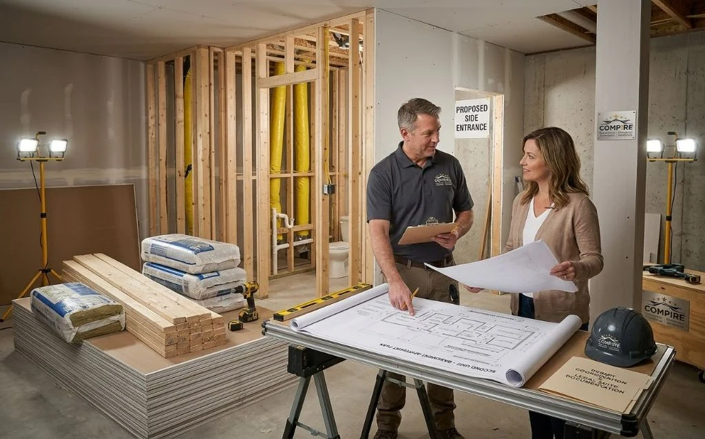 Contractor reviewing plans with client during project planning session